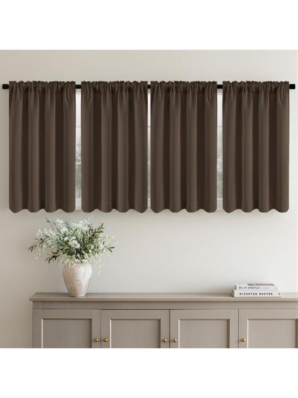 Chic 4-Panel Blackout Kitchen Curtains, 40"x45", Chocolate Brown, Light Blocking